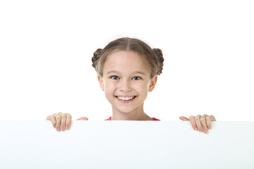 Cute young girl holding blank board on white background