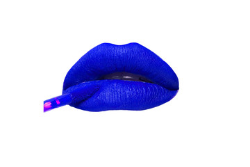 Female lips with blue matt lipstick close-up on a white background
