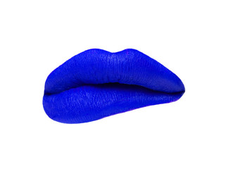 Female lips with blue matt lipstick close-up on a white background