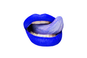 Female lips with blue lipstick and sticking out tongue on white background close-up