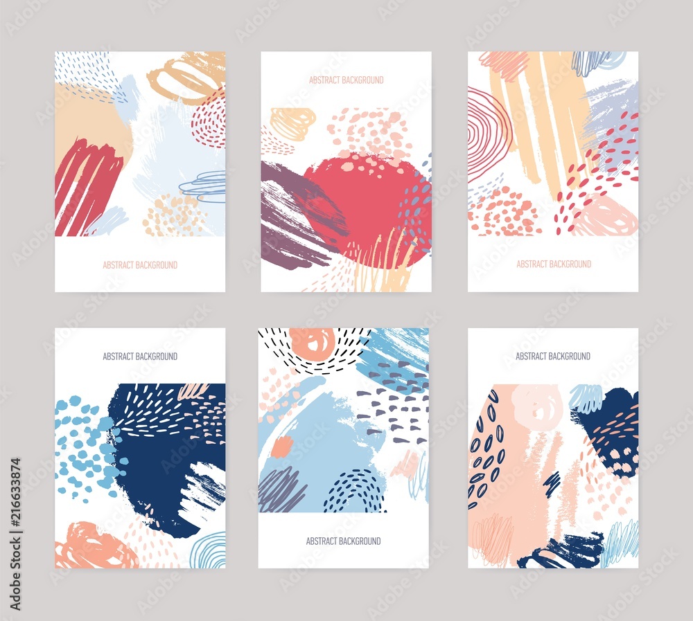 Poster collection of vertical abstract backdrops or card templates with colorful paint traces, blotches, sm