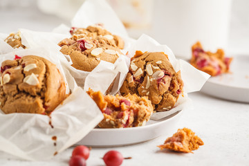 Berry oatmeal muffins on a white background. Healthy vegan dessert.