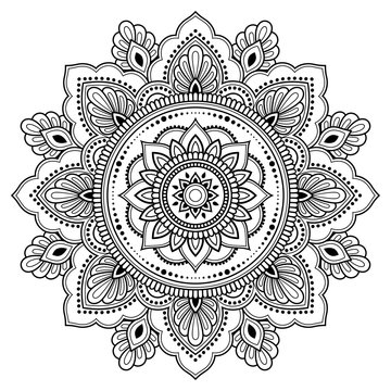 Naklejka Circular pattern in form of mandala for Henna, Mehndi, tattoo, decoration. Decorative frame ornament in ethnic oriental style. Coloring book page.