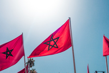 low angle view of moroccan flags against sky