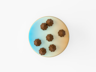 Different delicious cakes on white background. Top view. 3D render