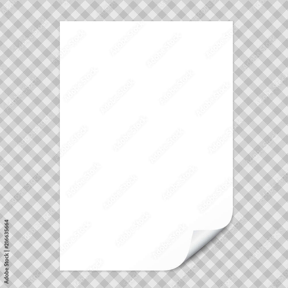 Poster white notebook paper with curled corner for text or advertising message on gray squared background.