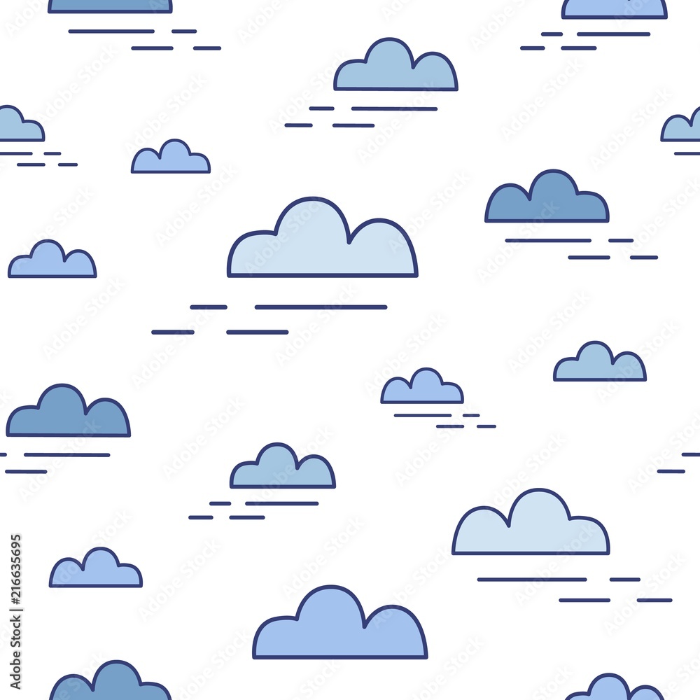 Aufkleber Modern seamless pattern with clouds of different size in sky. Decorative backdrop with cloudscape. Creative vector illustration in line art style for wallpaper, textile print, wrapping paper.