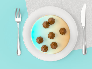 Delicious cakes on the plate on colour background. Top view. 3D render