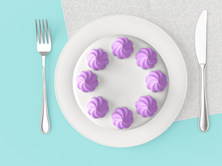 Delicious cakes on the plate on colour background. Top view. 3D render