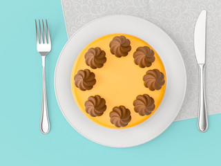 Delicious cakes on the plate on colour background. Top view. 3D render
