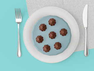 Delicious cakes on the plate on colour background. Top view. 3D render