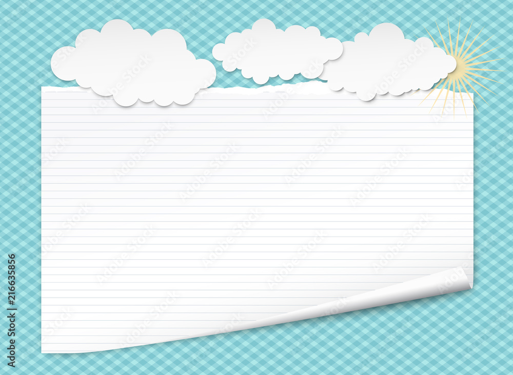 Poster white lined notebook paper with curled corner for text or advertising message on blue squared backgr