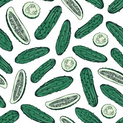 Seamless pattern with whole and cut fresh ripe cucumbers. Backdrop with vegetable, delicious vegetarian snack. Hand drawn realistic vector illustration for textile print, wrapping paper, wallpaper.