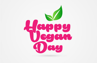 happy vegan day pink green leaf word text logo icon