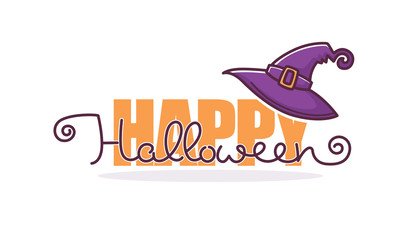 happy halloween,vector greeting  or invitation with hand drawn lettering composition and doodle witch hat