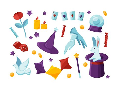 Bundle Of Equipment And Tools For Performing Magic Show And Magical Tricks Isolated On White Background - Bunny Sitting In Top Hat, Playing Cards, White Dove. Flat Cartoon Colored Vector Illustration.