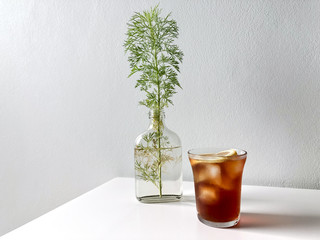 Iced pouring light roasted coffee, topped with lemon. On the white table with coriander plants in flat bottle.