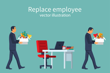 Employee Replacement. Turnover workers. Vector illustration flat design. Isolated on white background. Business people. A person goes to a new workplace. Free vacancy.