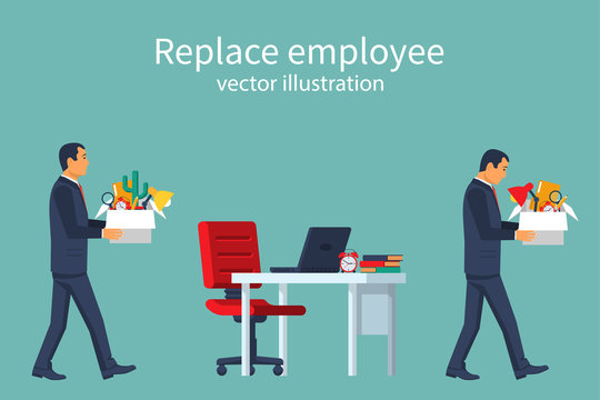 Employee Replacement. Turnover workers. Vector illustration flat design. Isolated on white background. Business people. A person goes to a new workplace. Free vacancy.
