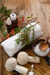 Foto op Plexiglas Christmas spa with Composition of treatment and wooden background © Mee Ting