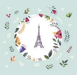 Fototapeta na wymiar Vector illustration with Eiffel tower in a floral circle