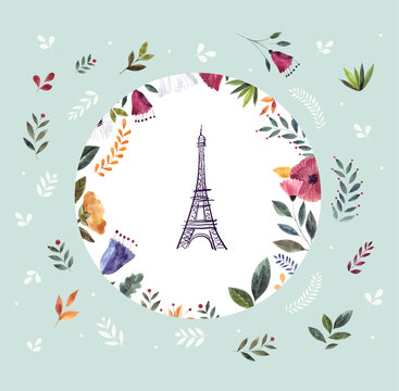 Vector illustration with Eiffel tower in a floral circle