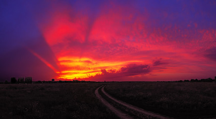 Fototapeta na wymiar Sunset over the field with road at the village colorful