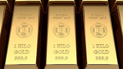 3D illustration of many gold bars, with the symbol of bitcoin, the sign of the international cryptocurrency. The idea of dignity, digital gold, the prospect of the development of electronic money.