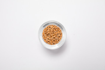Macro view of natural organic wheat grain beans on background