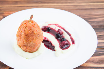 chicken cutlet, mashed potatoes and berry sauce. Cutlet in Kiev