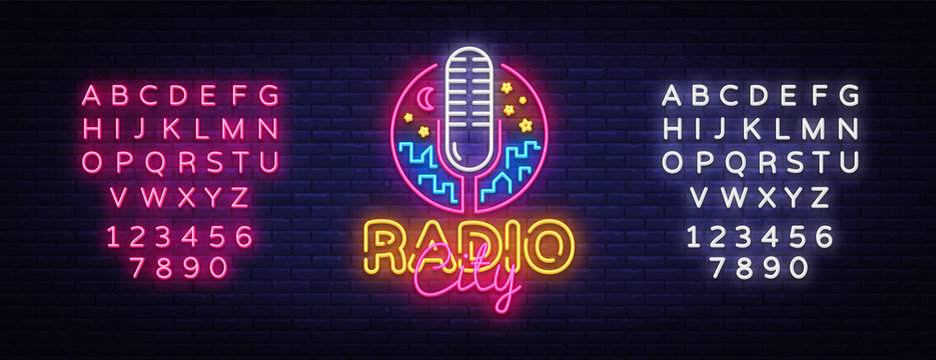 Radio Neon Logo Vector. Radio City neon sign, design template, modern trend design, night neon signboard, night bright advertising, light banner, art. Vector illustration. Editing text neon sign
