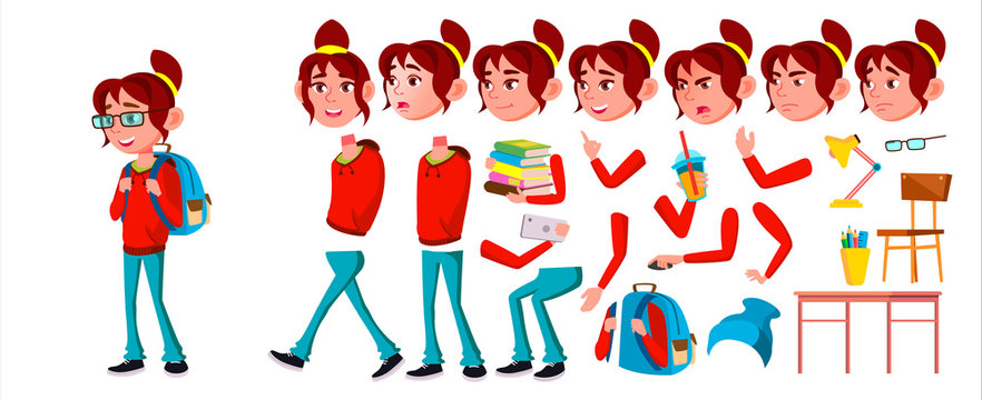 Girl Schoolgirl Kid Vector. High School Child. Animation Creation Set. Emotions, Gestures. School Student. Expression, Positive Person. Web, Brochure, Poster Design. Animated. Cartoon Illustration