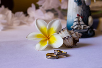 Two wedding rings on a background of a yellow flower and a lighthouse with blue stripes