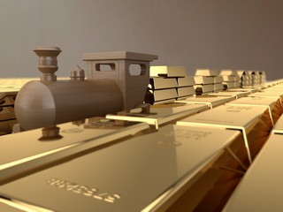 3D illustration of a wooden train toys, carries gold bars in the cars on the aisle among the warehouse of gold bars, a huge variety of gold, the view from the side. Image isolated on white background.