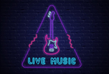 Live music colorful signboard on black realistic bricklaying wall.