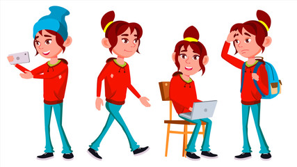 Fototapeta premium Girl Schoolgirl Kid Poses Set Vector. High School Child. High School. Teaching, Educate, Schoolkid. For Web, Brochure, Poster Design. Isolated Cartoon Illustration