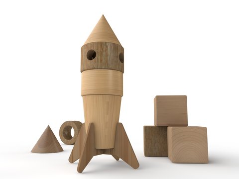 Illustration of a toy rocket made of wood. Designer for children. 3D rendering.