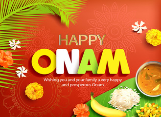 Happy Onam background with traditional food (sadya) served on banana leaf for South India harvest festival. Vector illustration.