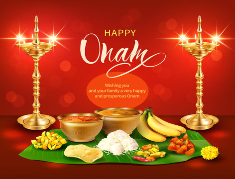 Happy Onam background with oil lamps (diyas) and traditional food (sadya) served on banana leaf for South India harvest festival. Vector illustration.