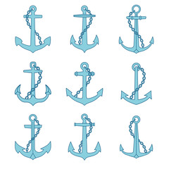 Anchor with chain icons set. Marine and nautical emblems collection.