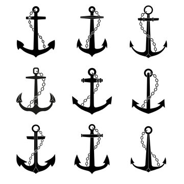 Naklejki Anchor with chain icons set. Marine and nautical emblems collection.