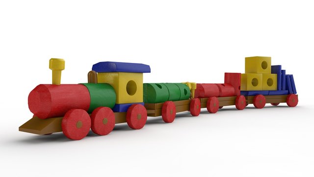 3D illustration of a wooden toy, a train with a car and designer details. Toy of wooden elements, transport designer, the idea of childhood, gift, development. Image on white background, isolated.