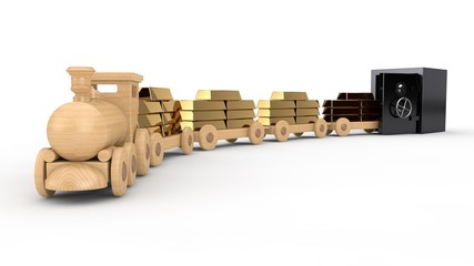 Wooden train toy lucky composition with gold bars, takes gold bars from the Bank safe. The idea of the gold reserve, the monetary Fund, embezzlement and investments. 3D illustration.