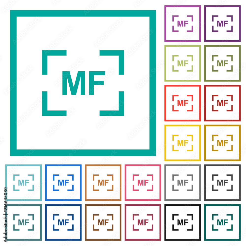 Poster camera manal focus mode flat color icons with quadrant frames