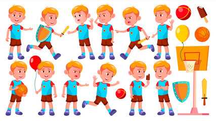 Boy Kindergarten Kid Poses Set Vector. Happy Children Character. Babysitting. For Advertisement, Greeting, Announcement Design. Isolated Cartoon Illustration