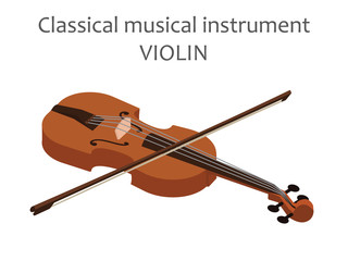 Classic violin with bow. Vector illustration of brown viola in flat style isolated on white background. Stringed musical instrument. Concept of music and entertainment. 