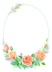 Watercolor floral ellipse frame with roses, leaves isolated on white background. Floral greeting card or invitation