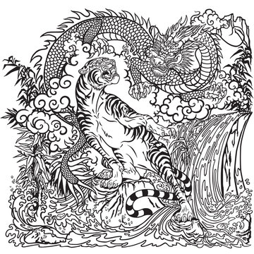 Chinese dragon and tiger in the landscape with waterfall , rocks ,plants and clouds . Two symbolic creatures in the Feng Shui representing the spirit heaven and matter earth. Coloring page