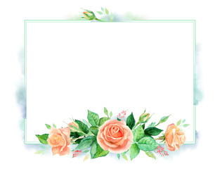 Watercolor floral frame with roses, leaves isolated on white background. Floral greeting card or invitation