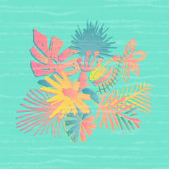 Tropical flower composition, hand drawn leaf, vector illustration, glitch or noise effect on background. Floral bouquet, exotic plant, doodle style